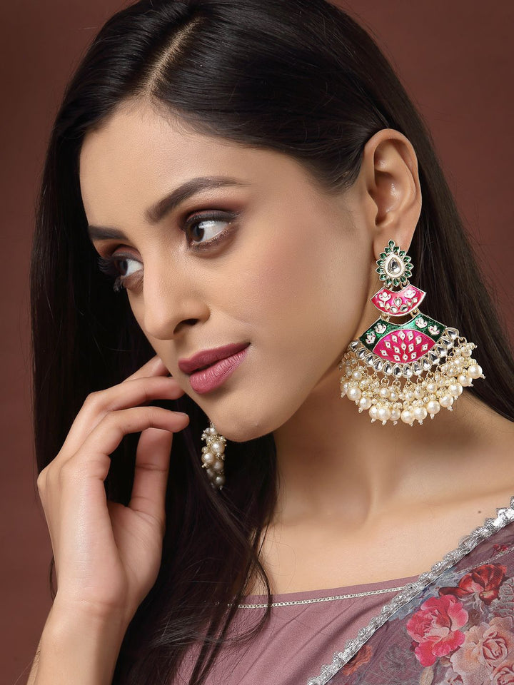 Anouk Pink Emas Saduran Enamel Kundan Batu Bertatah & Subang Jatuh Manik