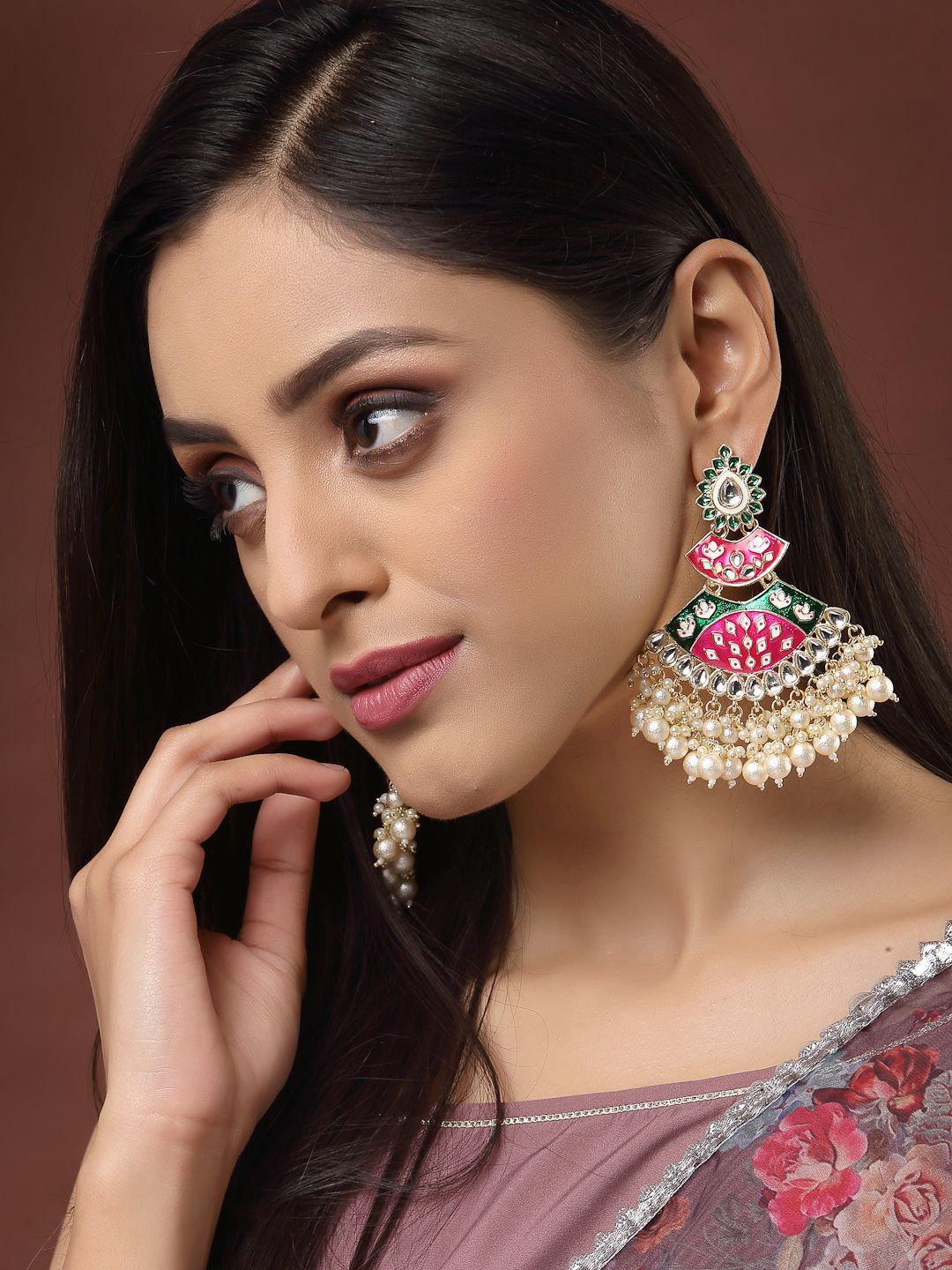 Anouk Pink Emas Saduran Enamel Kundan Batu Bertatah & Subang Jatuh Manik