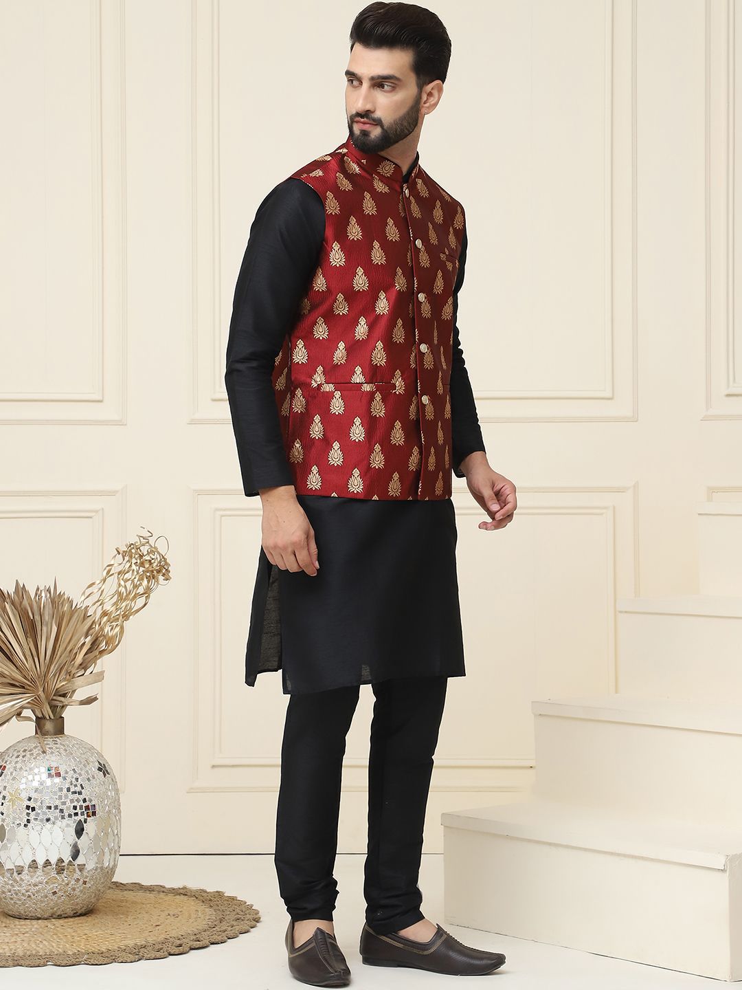 SOJANYA Mandarin Collar Silk Cotton Straight Kurta with Churidar & Nehru jacket