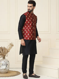 SOJANYA Mandarin Collar Silk Cotton Straight Kurta with Churidar & Nehru jacket