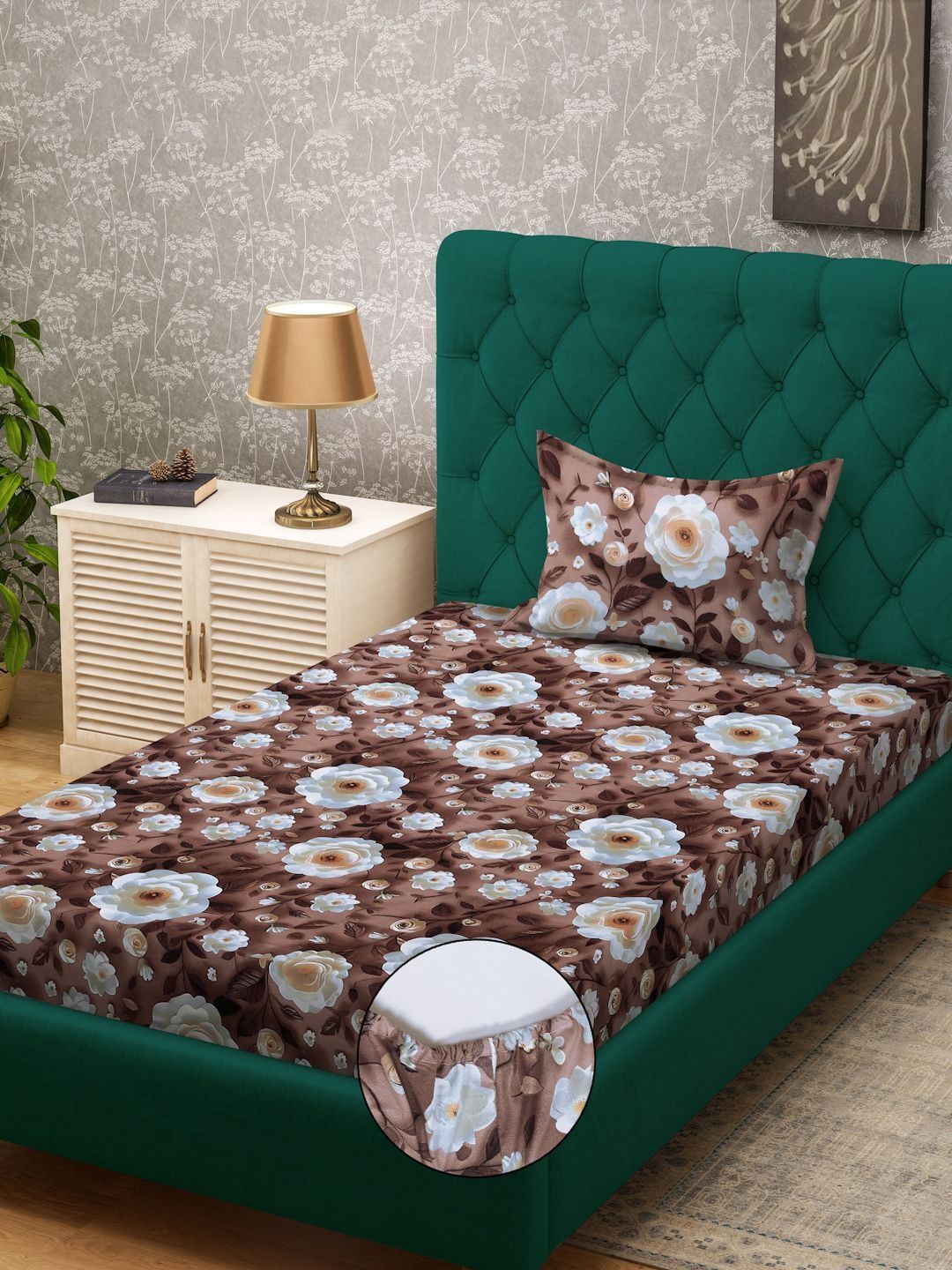 Myntra Elegant Homes Brown Floral 300 TC Single 7D Bedsheet with 1 Pillow Cover-225X150 cm