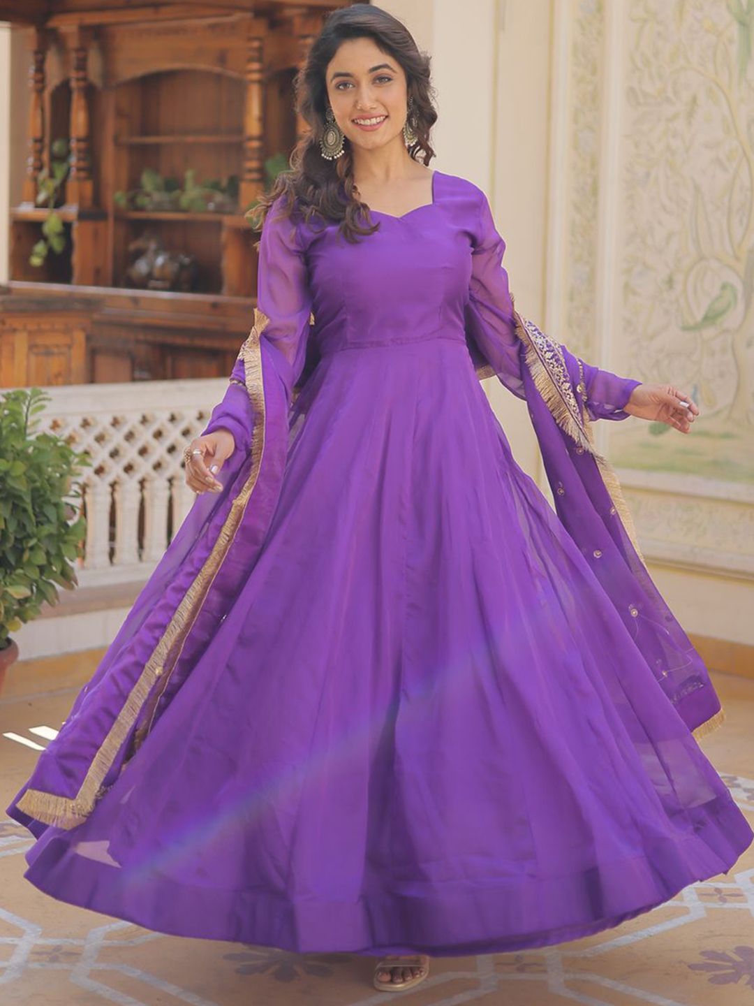 KALINI Sweetheart Neck Georgette Anarkali Kurta With Dupatta