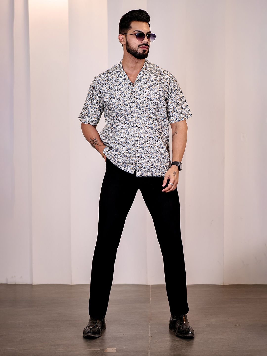 Eszett Floral Printed Cuban CollarS hirt