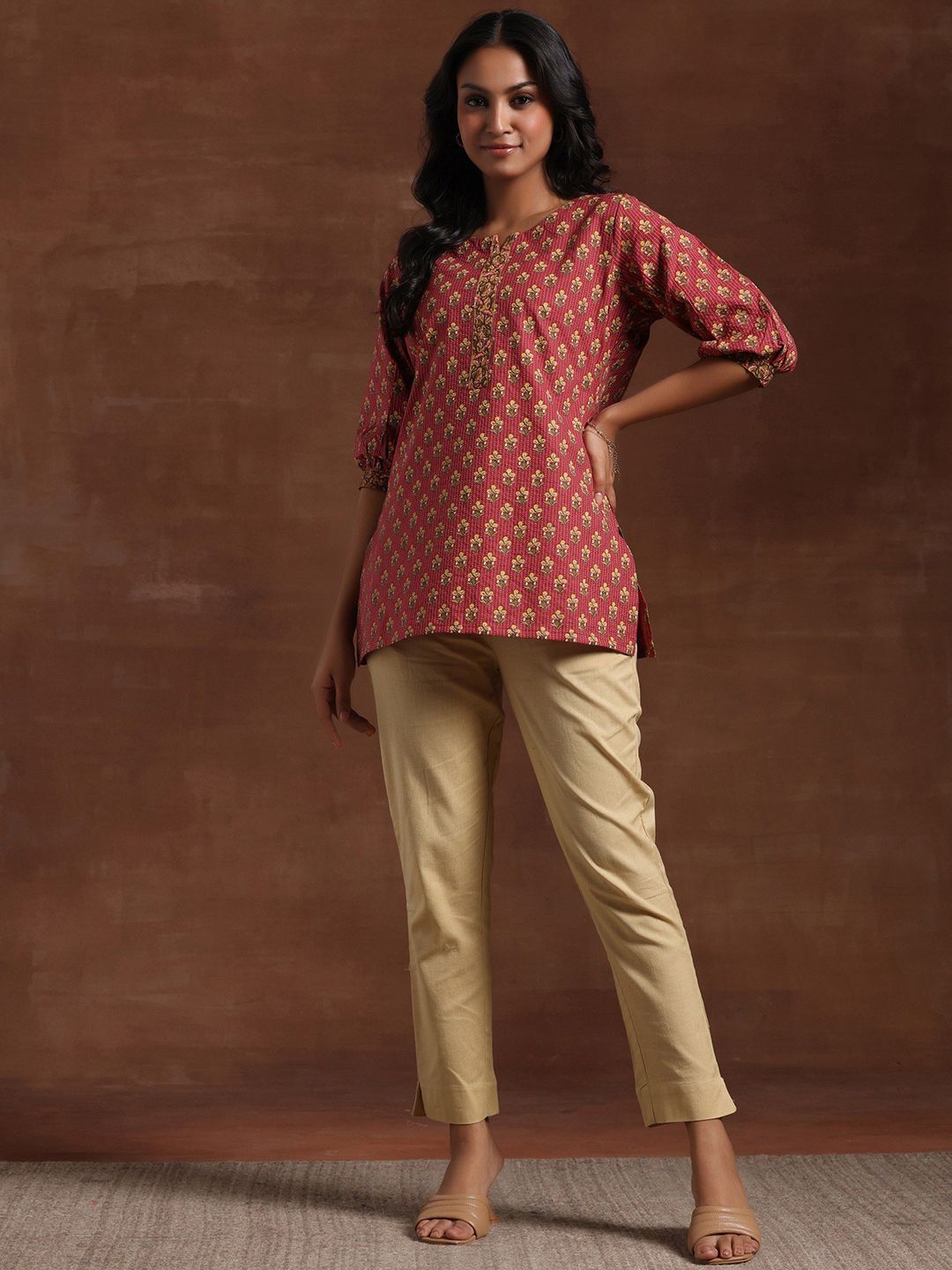 Libas Floral Printed Mirror Work Mirror Work Anarkali Kurti