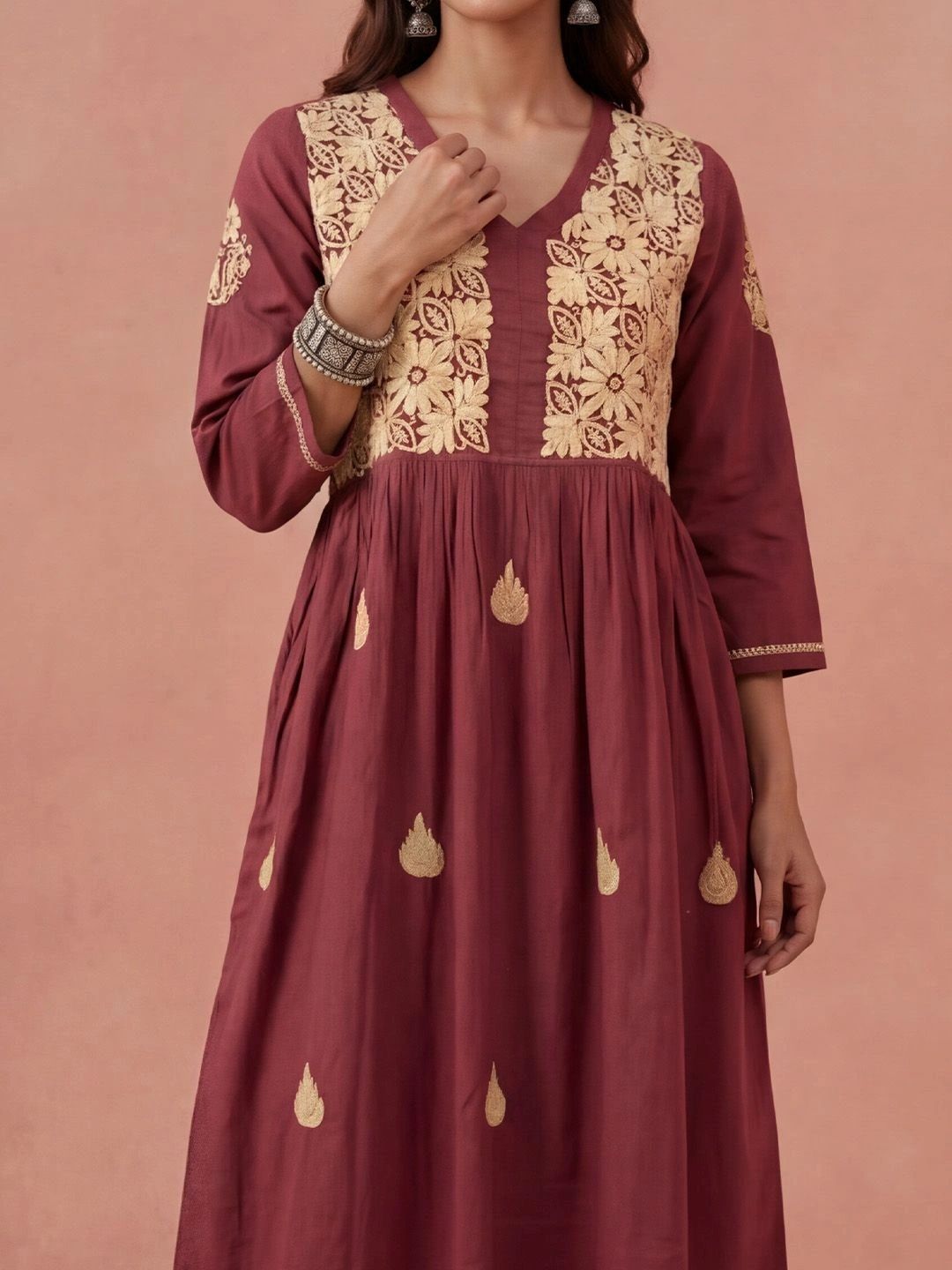Rumah Wanita Chikankari Kerja Benang Sulam Anarkali Kurta