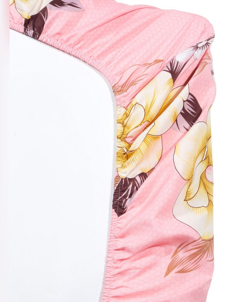 Myntra Elegant Homes Pink Floral Cotton 300 TC Fitted King Fine Bedsheet with 2 Pillow Covers-98 x 89 inches