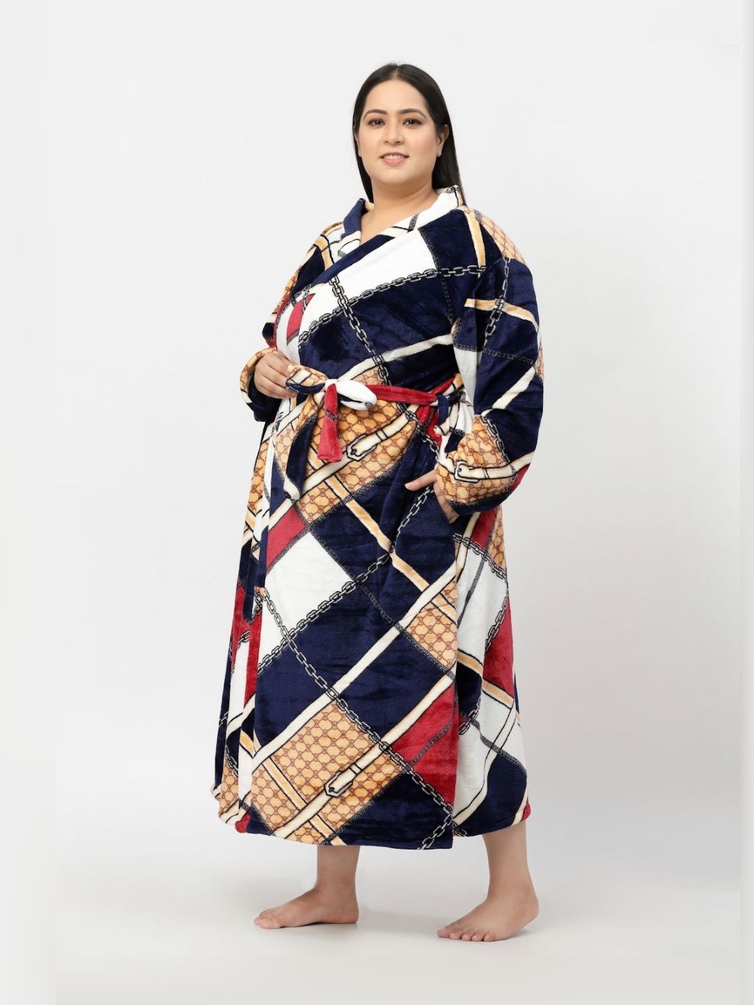KLOTTHE Plus Size Navy Blue & White Checked Bath Robe With Belt