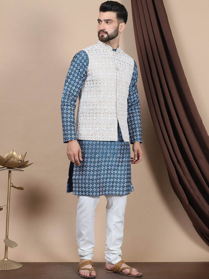 Anouk Teal Blue Ethnic Motifs Woven Design Mandarin Collar Straight Kurta & Nehru Jacket