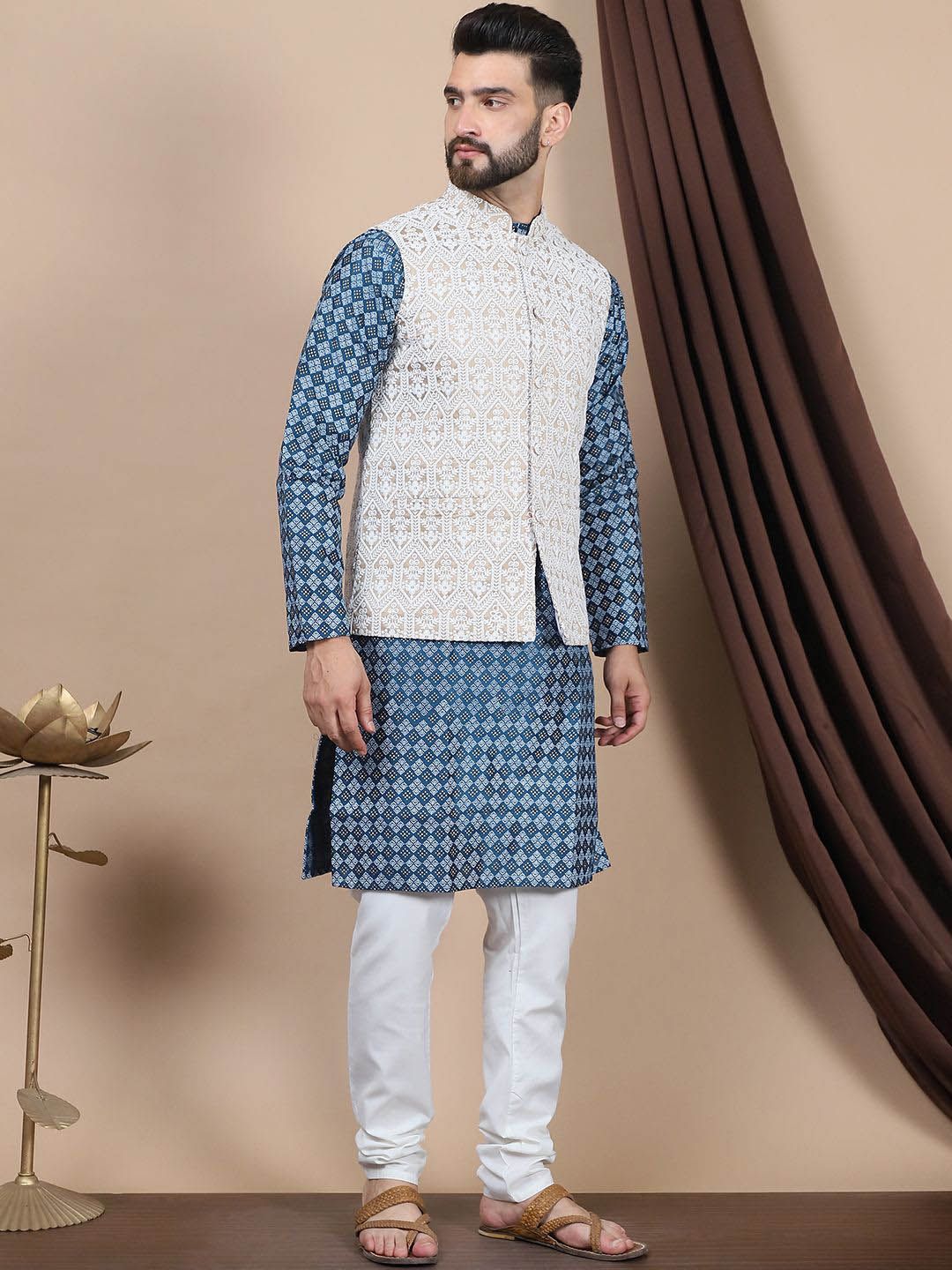 Anouk Teal Blue Ethnic Motifs Woven Design Mandarin Collar Straight Kurta & Nehru Jacket