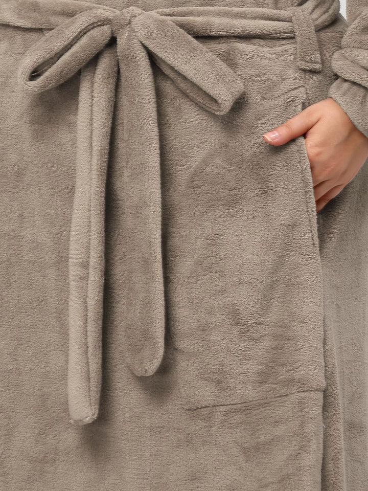 KLOTTHE Plus Size Brown Woollen Long Sleeves Bath Robe With Belt