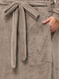 KLOTTHE Plus Size Brown Woollen Long Sleeves Bath Robe With Belt