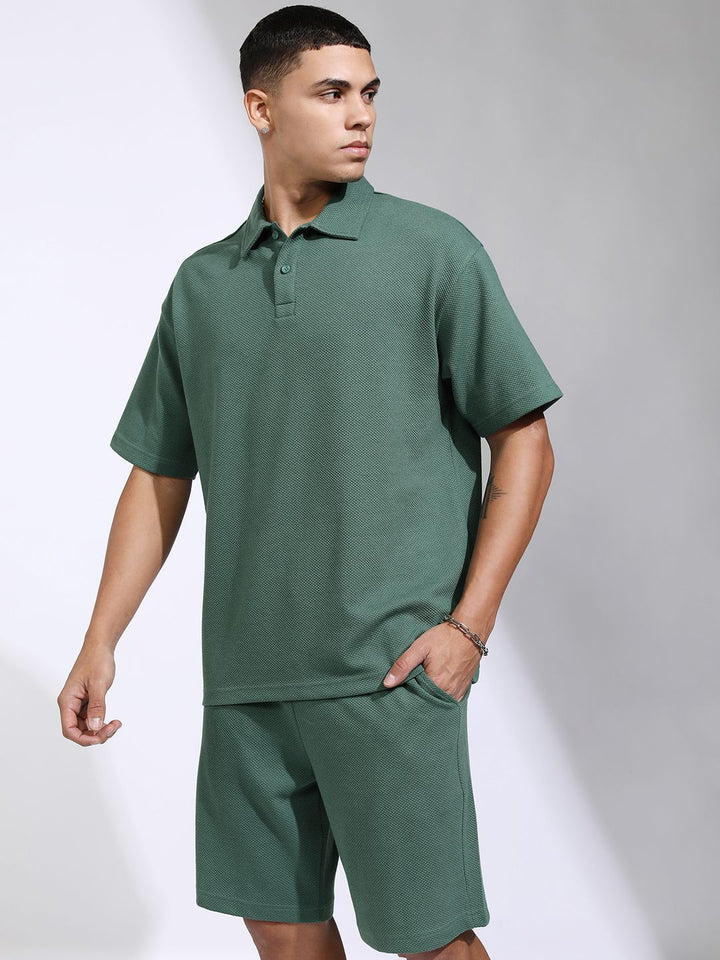 HIGHLANDER Self Design Polo Collar T-Shirt With Shorts