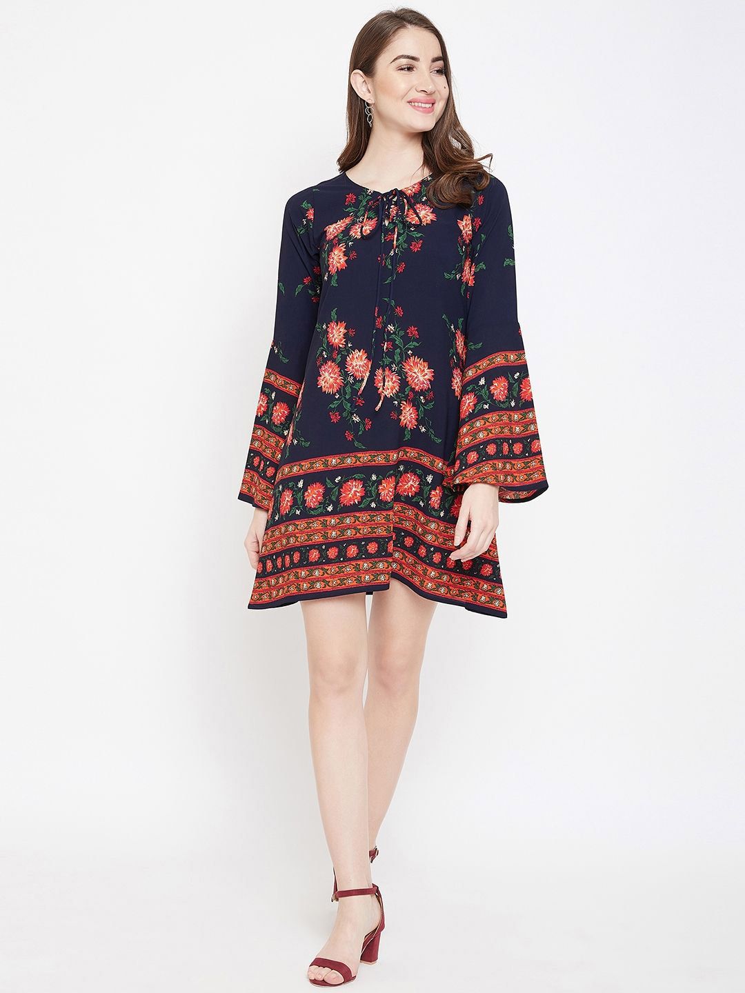 Berrylush Floral Print Tie-Up Neck Bell Sleeve A-Line Dress
