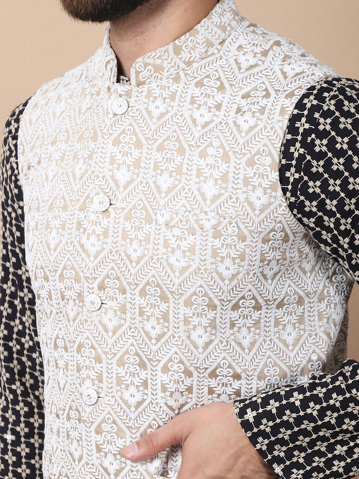 Anouk Black Floral Embroidered Thread Work Pure Cotton Kurta with Churidar & Nehru Jacket