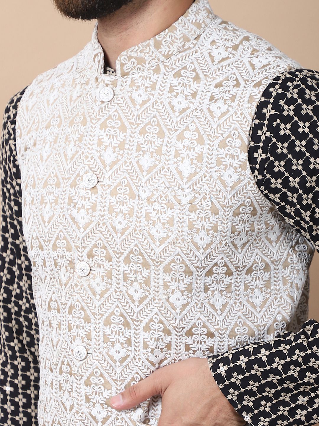 Anouk Black Floral Embroidered Thread Work Pure Cotton Kurta with Churidar & Nehru Jacket
