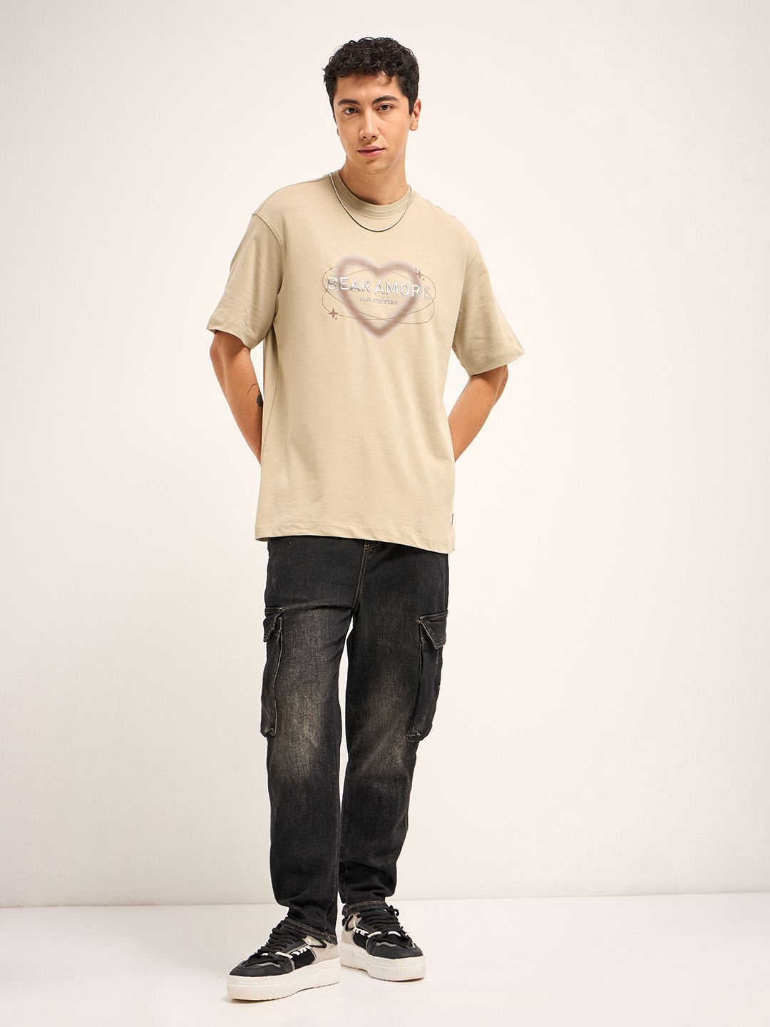 THE BEAR HOUSE Men Typography Printed Round Neck Cotton Oversized T-shirt