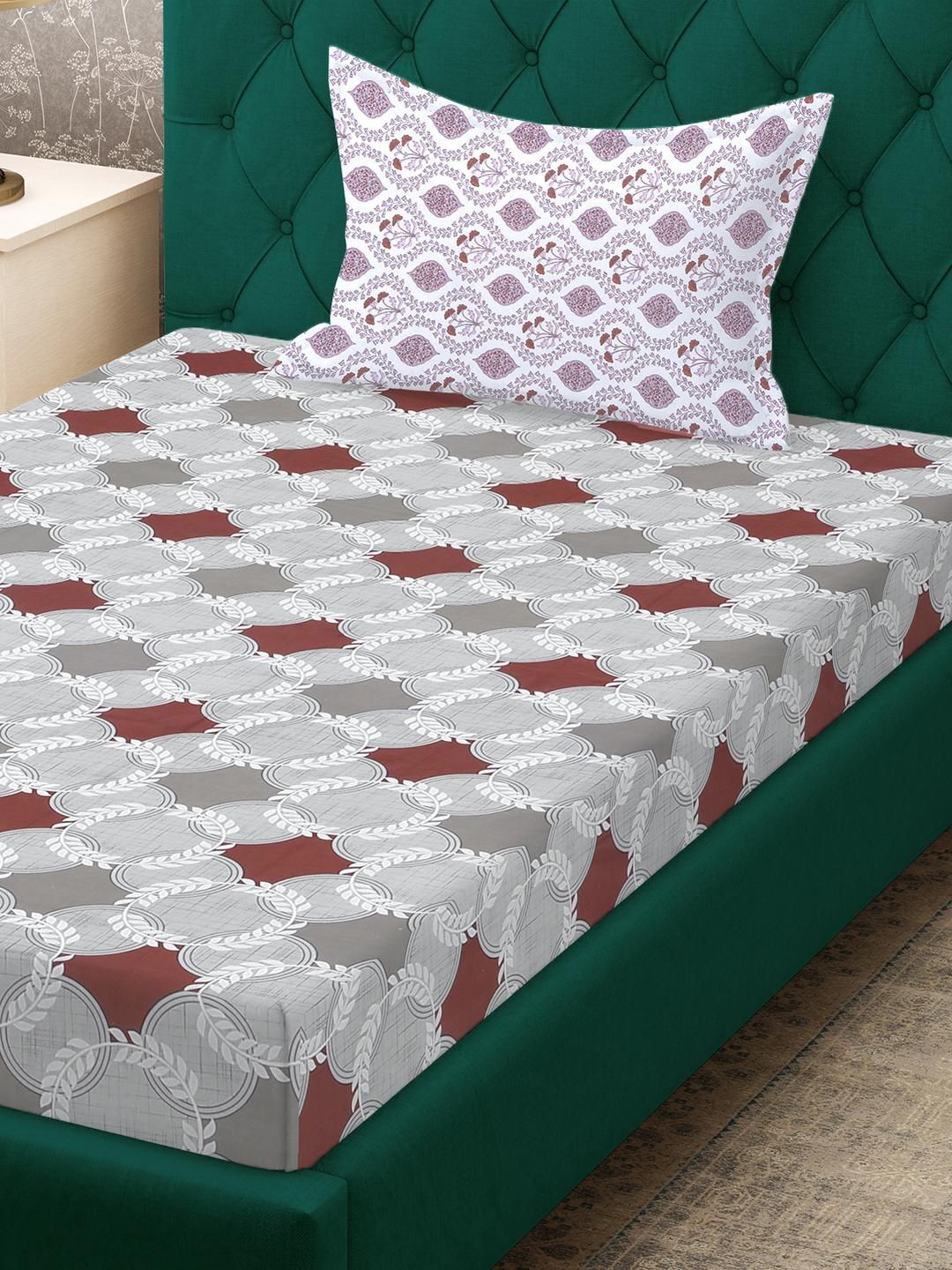 KLOTTHE Grey Geometric Cotton Single Bedsheets