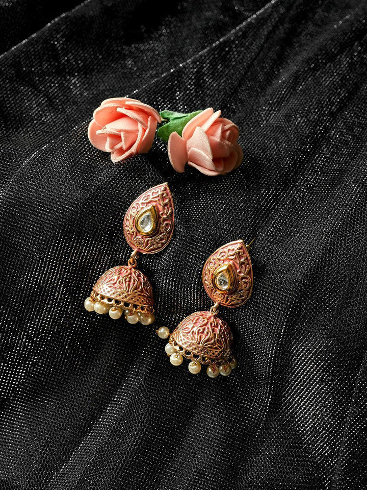 Anouk Pink Gold-Plated Stone Studded & Beaded Dome Shaped Jhumkas