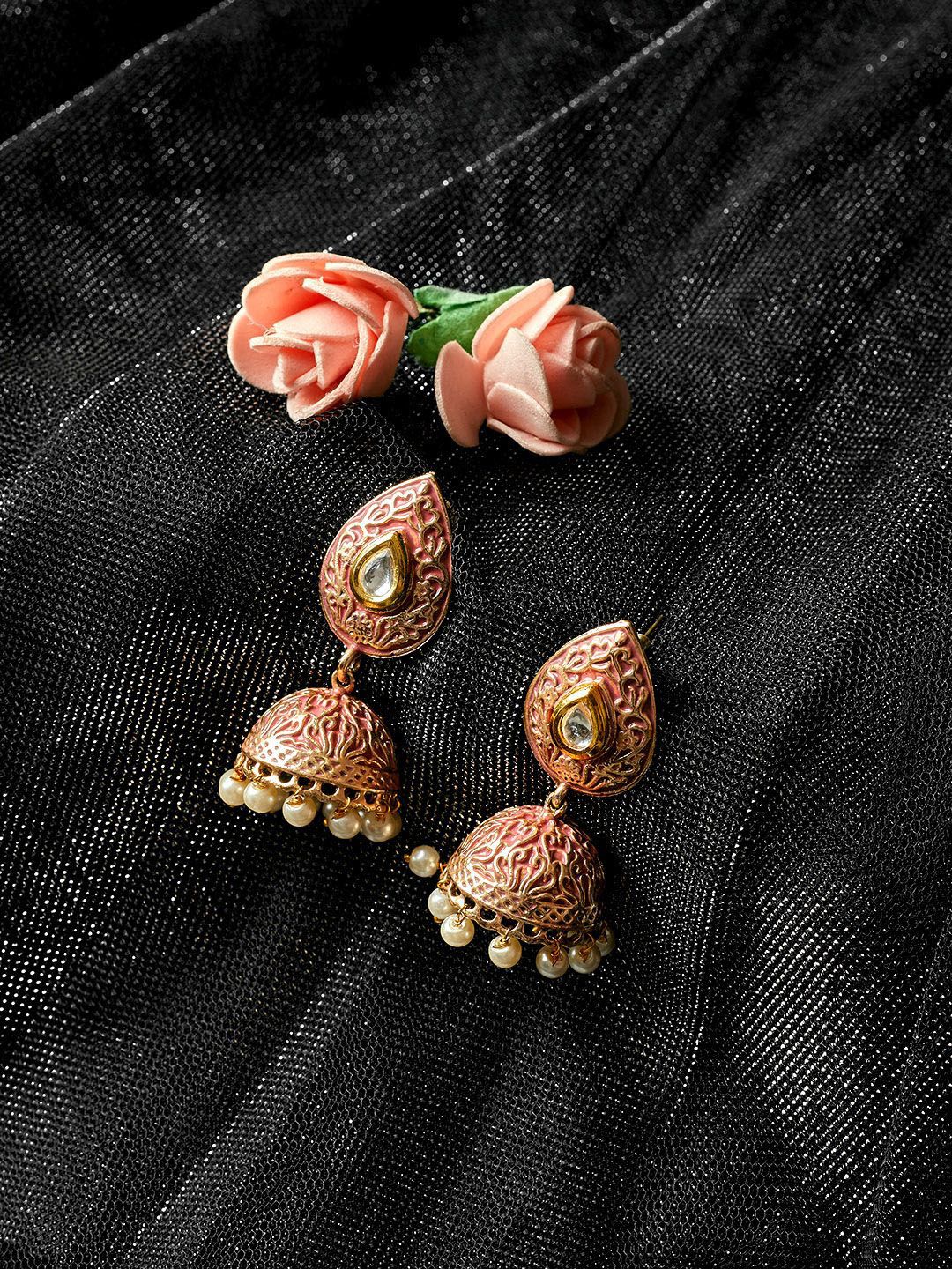 Anouk Pink Gold-Plated Stone Studded & Beaded Dome Shaped Jhumkas