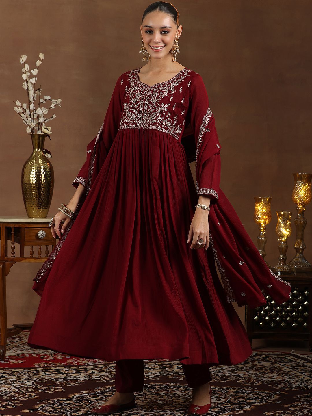 Libas Floral Yoke Design Zari Anarkali Kurta with Trousers & Dupatta
