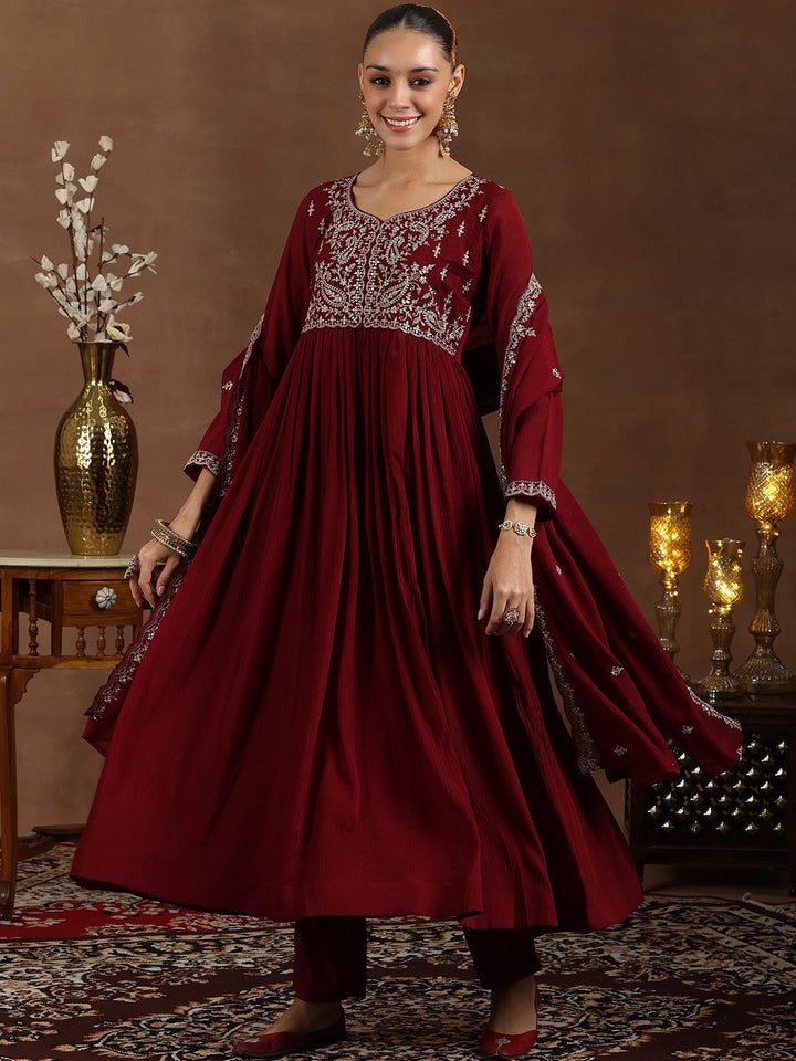 Libas Floral Yoke Design Zari Anarkali Kurta with Trousers & Dupatta