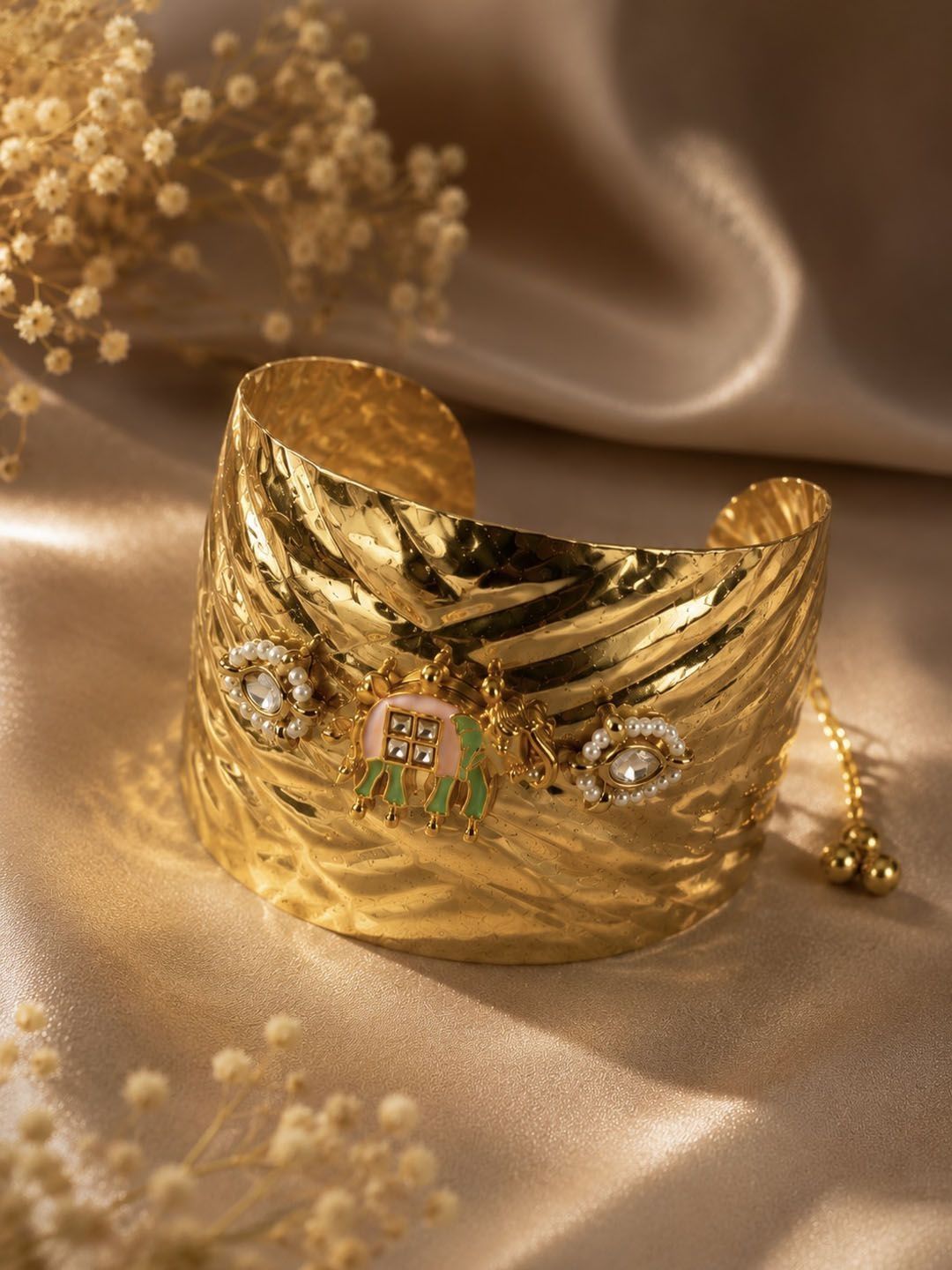 PANASH Gold-Plated Artificial Stones Studded Cuff Bracelet