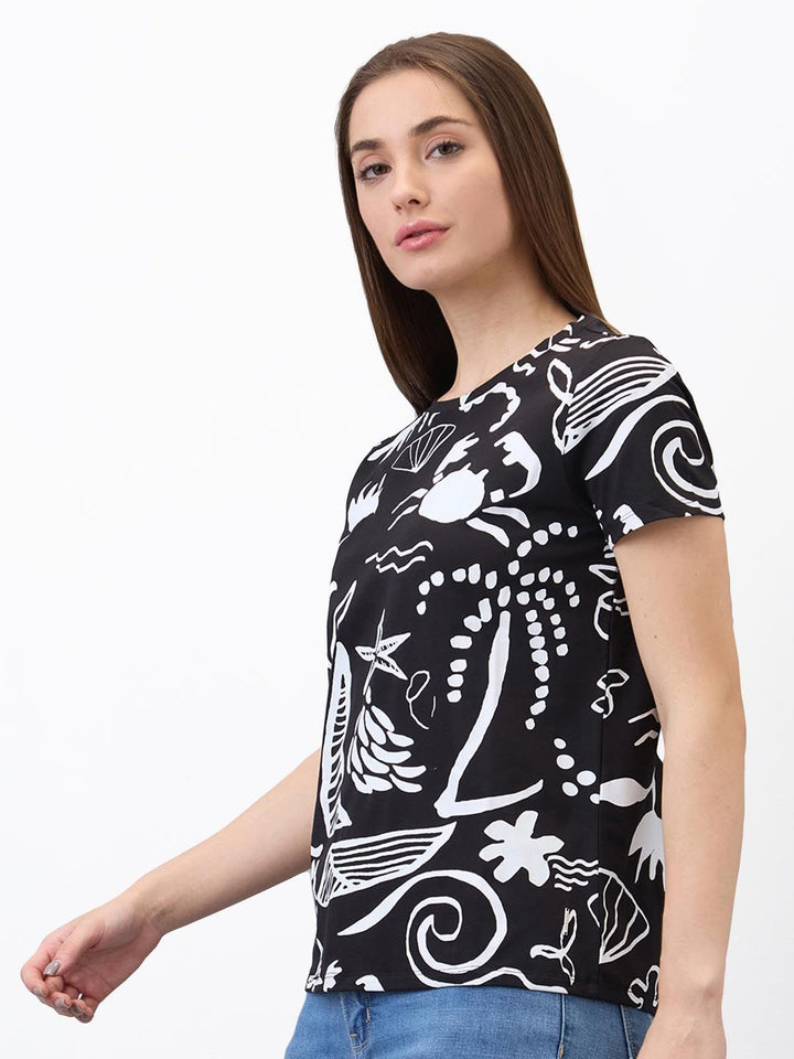 SPYKAR Women Regular Fit Abstract Printed Round Neck Cotton T-shirt