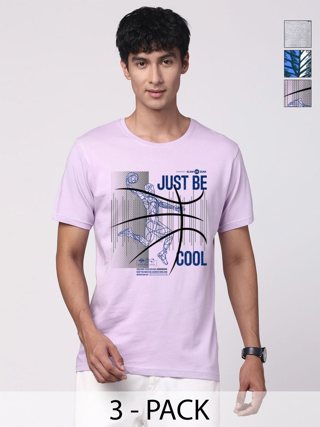 Pek ADRO Lelaki dengan 3 T-shirt Kapas Leher Bulat Bercetak Grafik