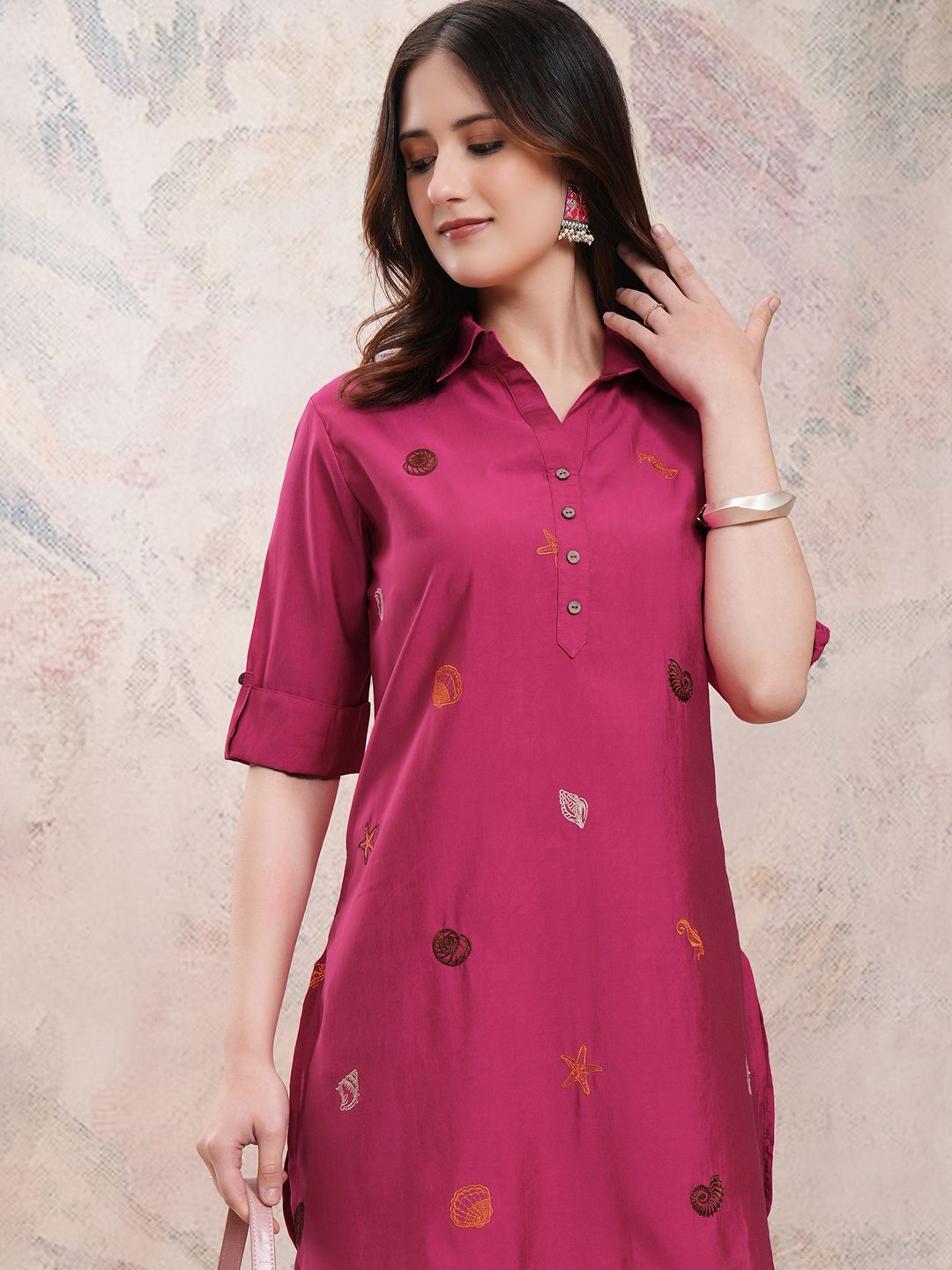 Vishudh Fuchsia Embroidered Shirt Collar Three-Quarter Sleeves Top With Trouser