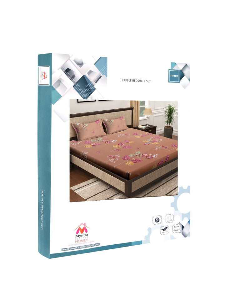Myntra Elegant Homes Brown Floral Pure Cotton 400 TC Fitted King Superfine Bedsheet with 2 Pillow Covers-98 x 89 inches