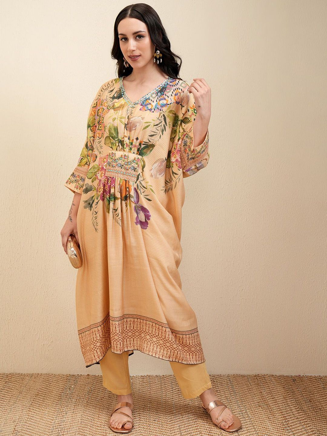Vishudh Cream Floral Printed Beads and Stones Pure Cotton Kaftan Kurta With Trousers