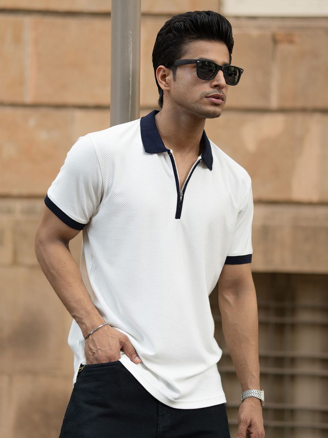 Powerlook Men Self Design Polo Collar T-shirt