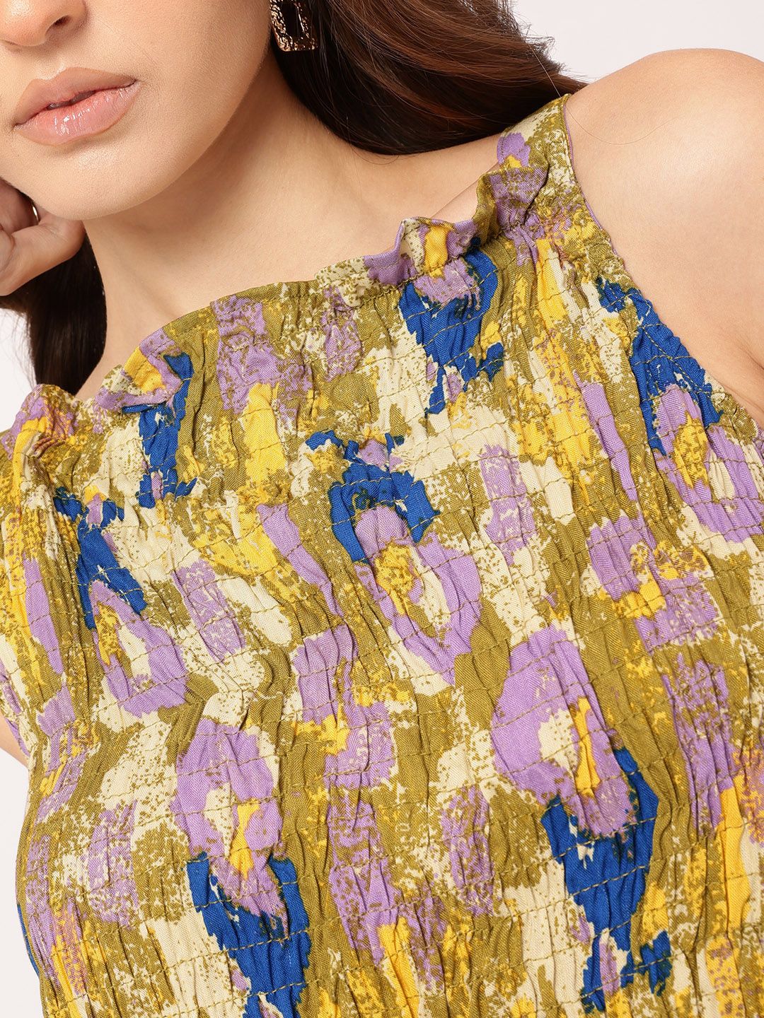 DressBerry Sunset Sizzle Printed Ruffled Smocked Bow-Detail Top