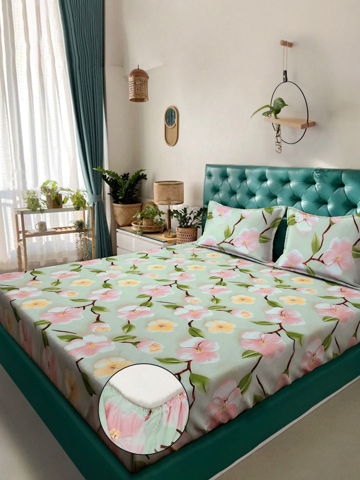 KLOTTHE Green Floral Printed Dilengkapi 300 TC King Double 7D Cadar Dengan 2 Sarung Bantal