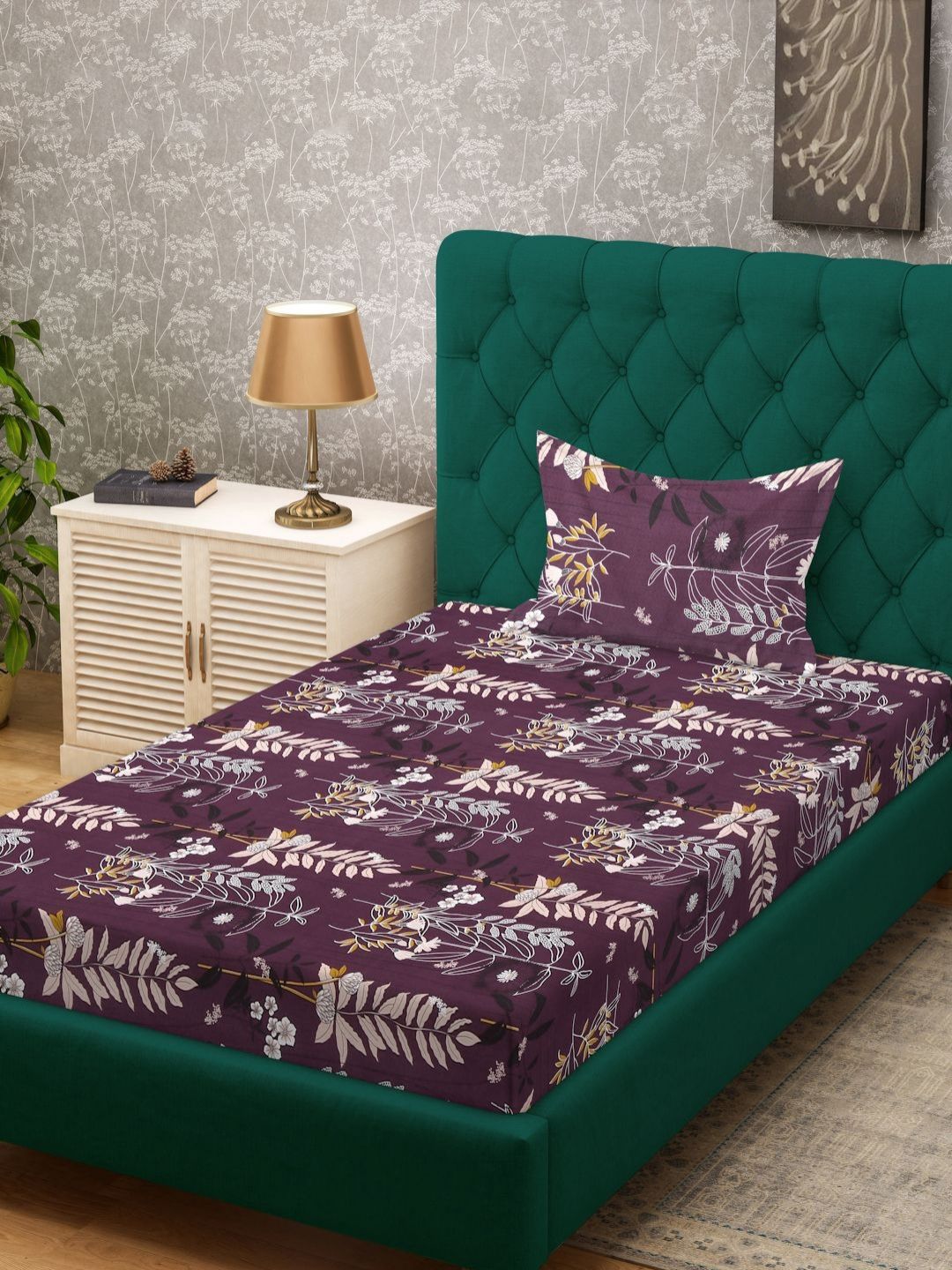 KLOTTHE Purple Floral Polycotton 300 TC Single Fine Bedsheet with a Pillow Cover-89 x 59 inches