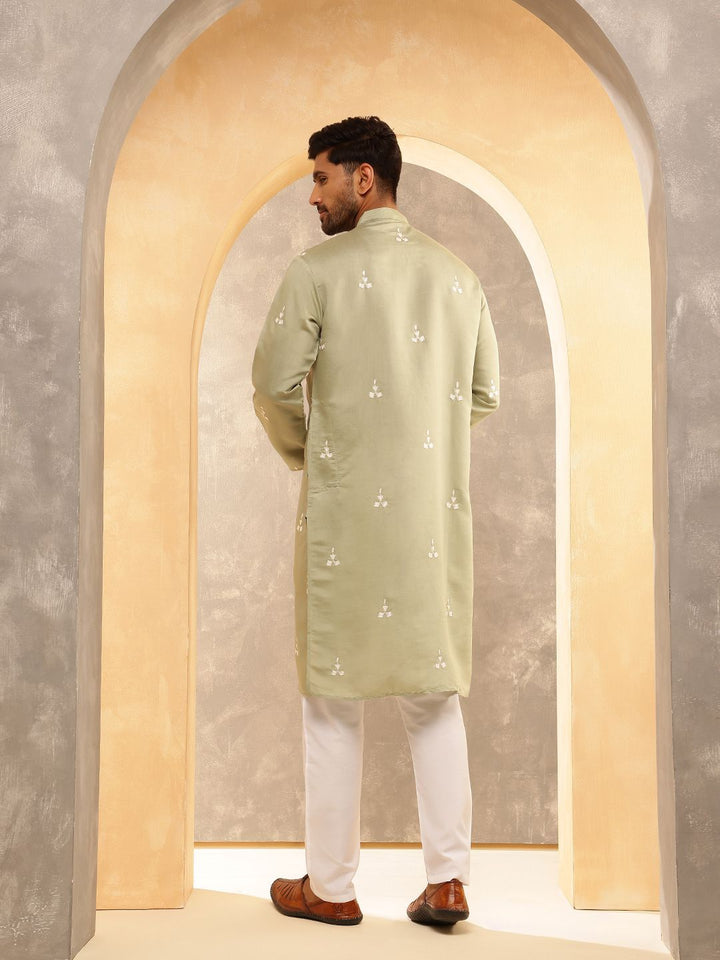 Anouk Geometric Embroidered Band Collar Thread Work Cotton Silk Straight Kurta