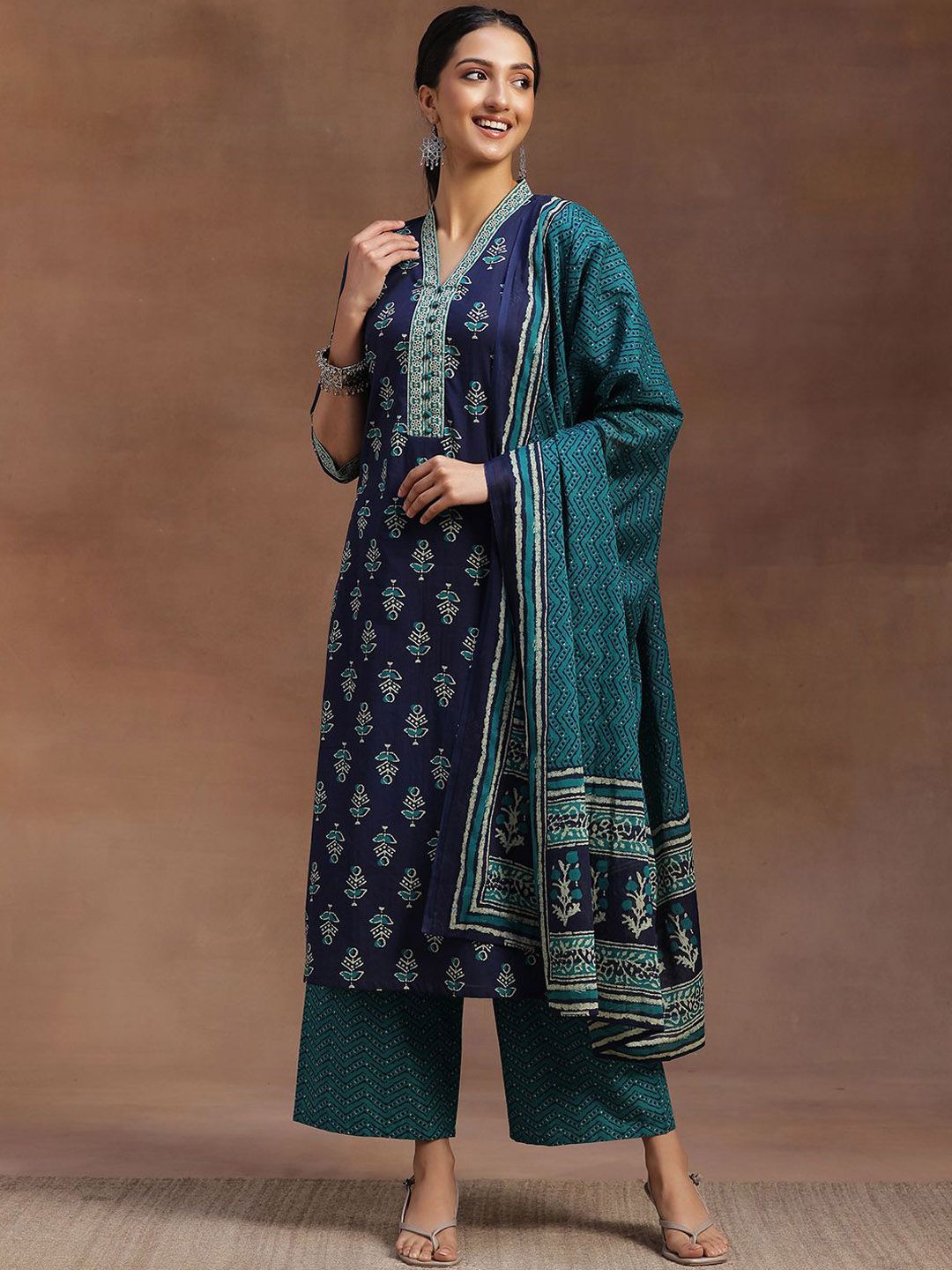 Libas Floral Printed Pure Cotton Kurta with Palazzos & Dupatta