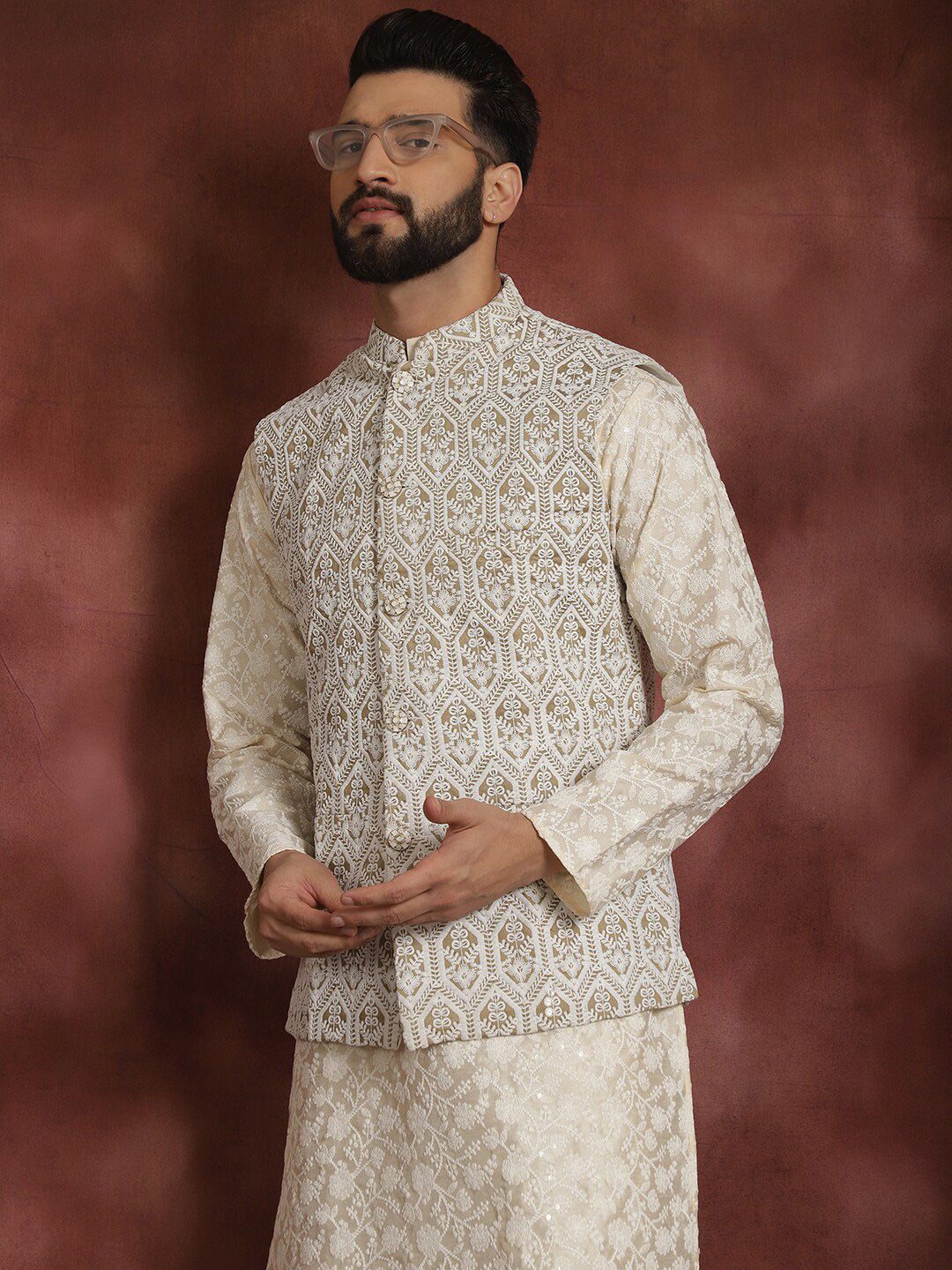 Anouk Floral Embroidered Regular Thread Work Kurta Churidar with Nehru jacket