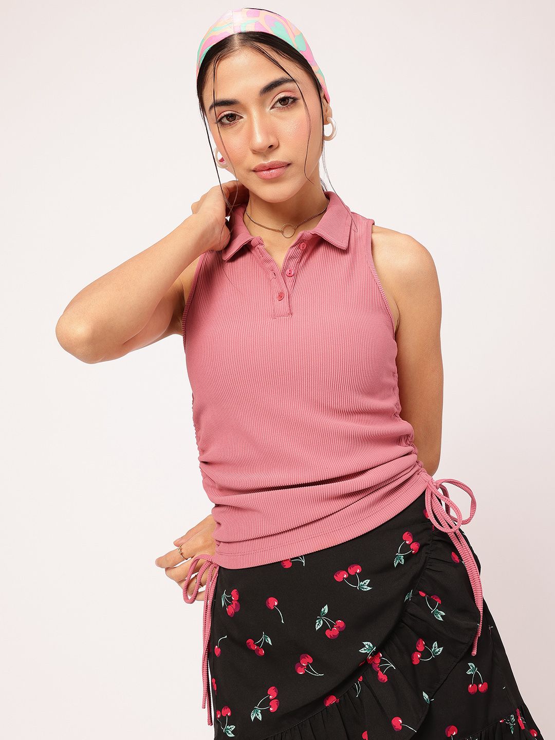 DressBerry Soft-Girl Aesthetic Tie-Up Ruched Shirt-Style Ribbed Top