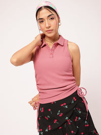 DressBerry Soft-Girl Aesthetic Tie-Up Ruched Shirt-Style Ribbed Top