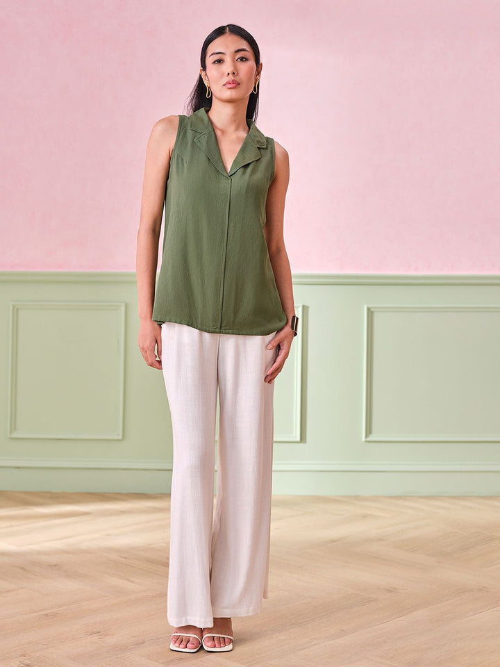 AND Women Solid Lapel Collar Top