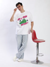 Bene Kleed Graphic Puff Printed Round Neck Drop-Shoulder Sleeves Cotton Oversized T-shirt