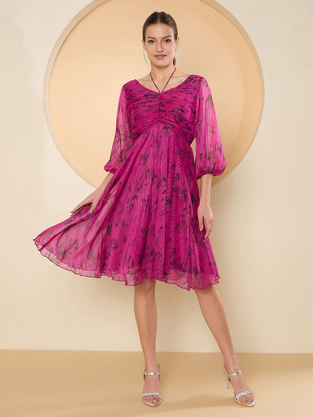 Antheaa Floral Puff Sleeve Chiffon Empire Dress