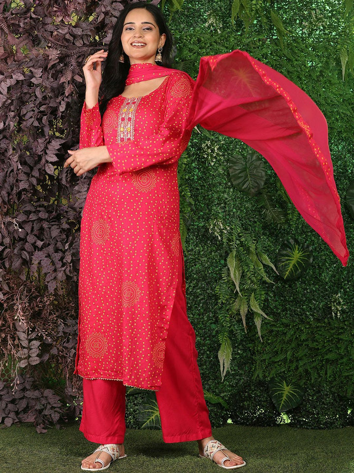 Mamicha Women Bandhani Embroidered Regular Pure Cotton Kurta with Palazzos & With Dupatta