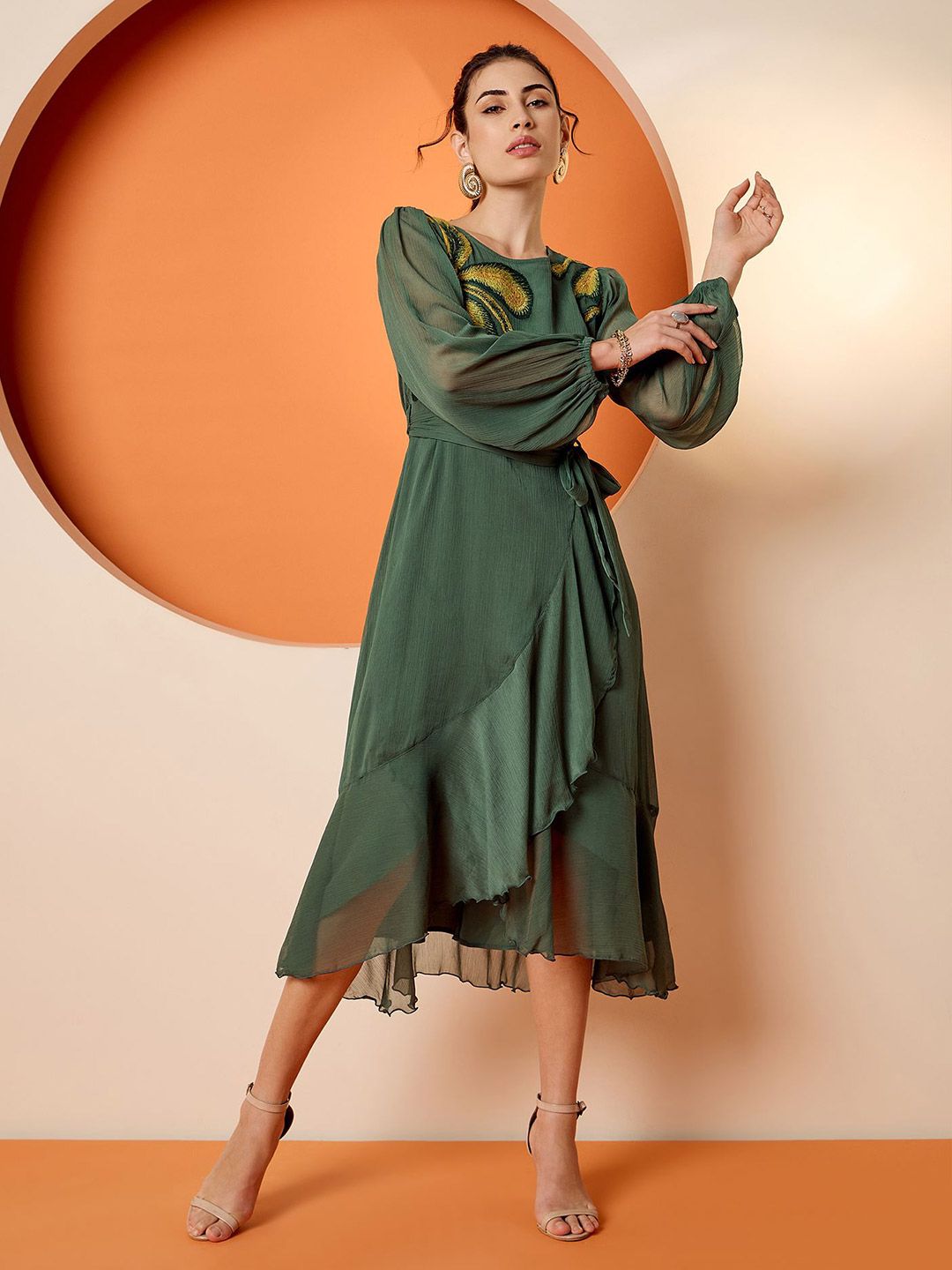 Antheaa Puff Sleeve Chiffon Embroidered A-Line Midi Dress