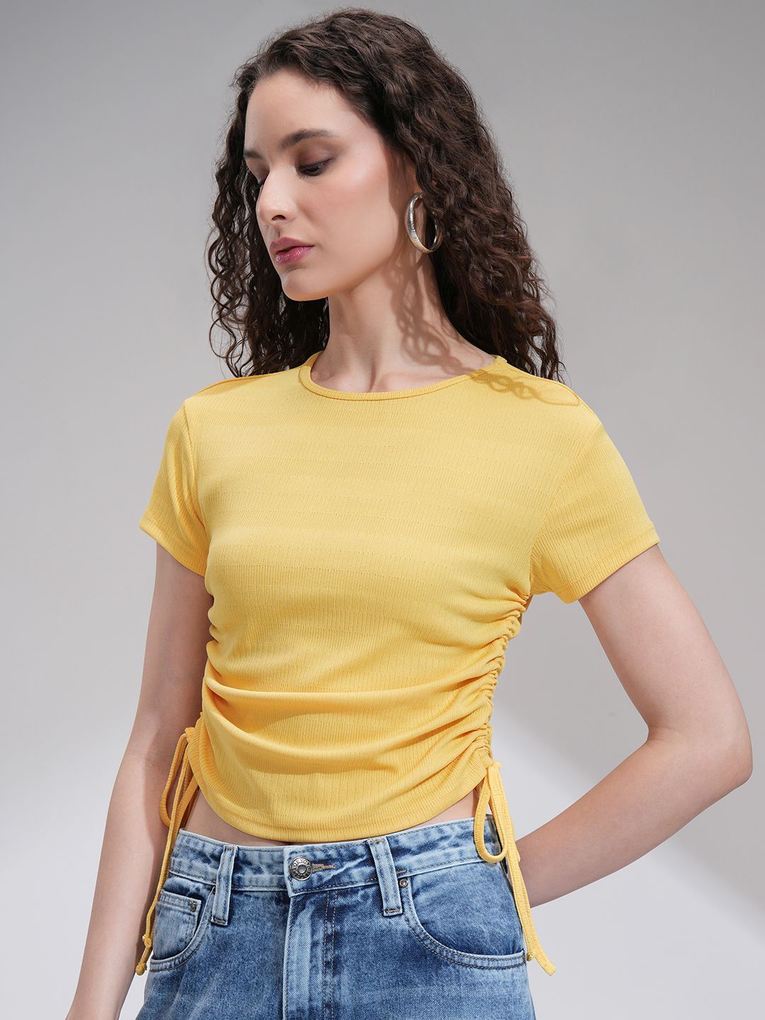 Tokyo Talkies Women Solid Round Neck Tie Up Rib Top