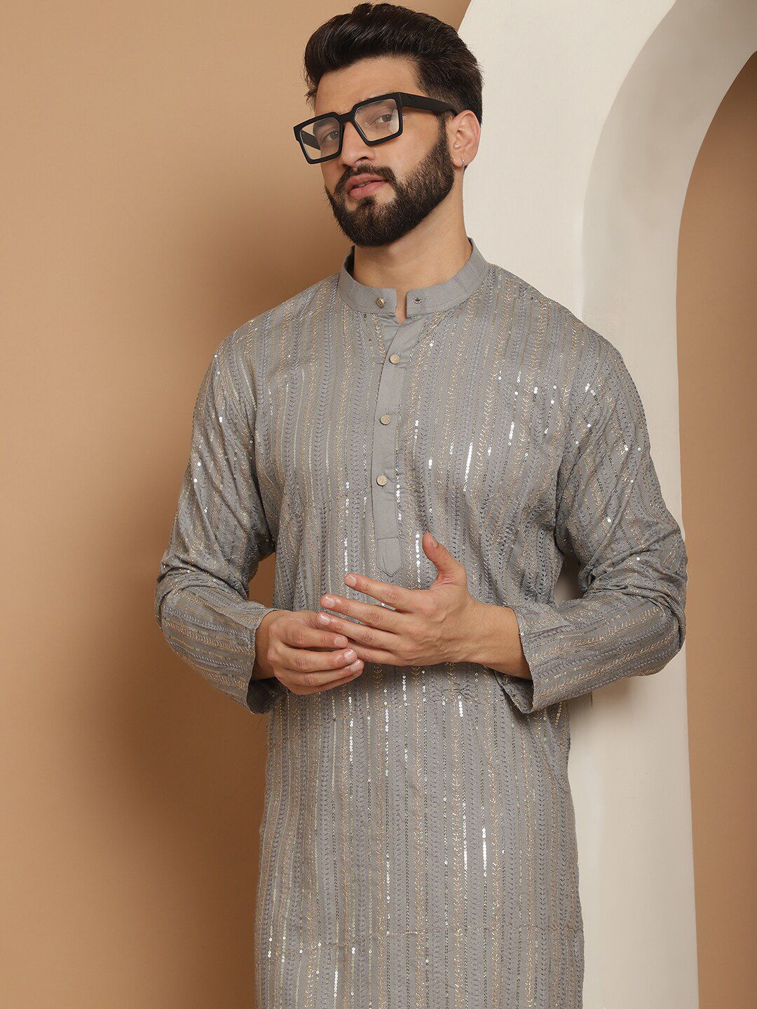 Anouk Grey Leheriya Embroidered Mandarin Collar Pure Cotton Straight Kurta With Churidar
