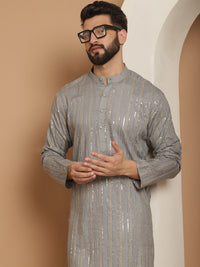 Anouk Grey Leheriya Embroidered Mandarin Collar Pure Cotton Straight Kurta With Churidar
