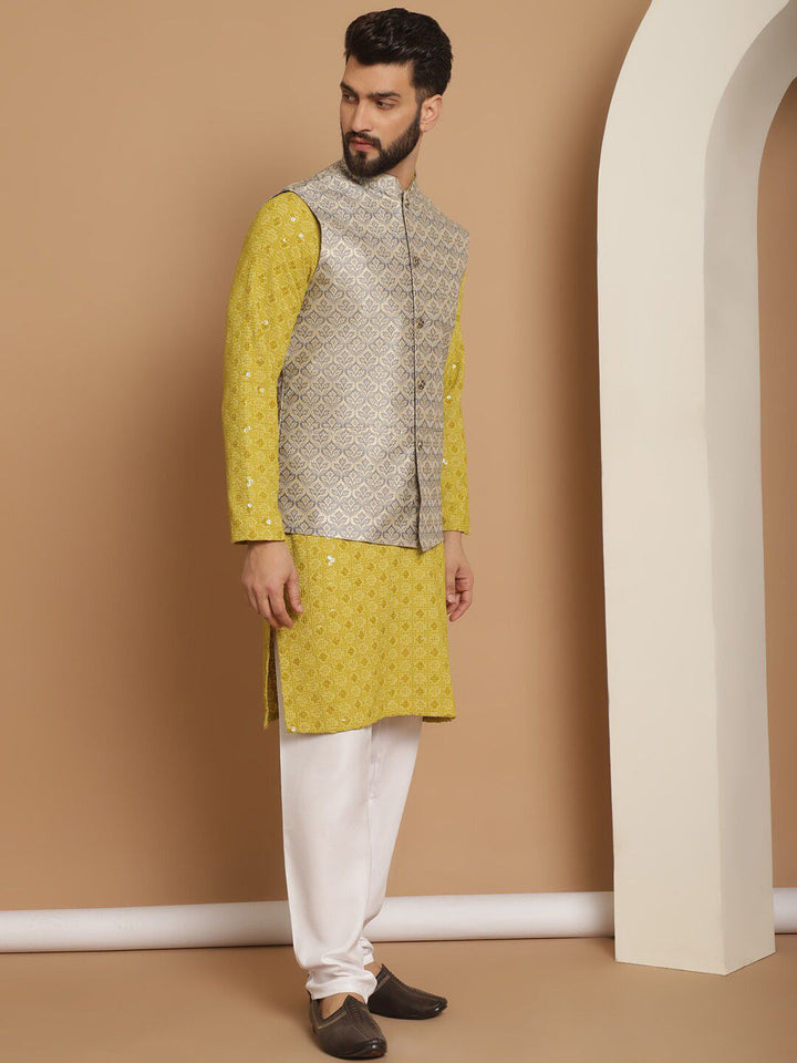 Kurta Sulam Geometik Lelaki Anouk Dengan Jaket Nehru Rekaan Churidar & Tenunan