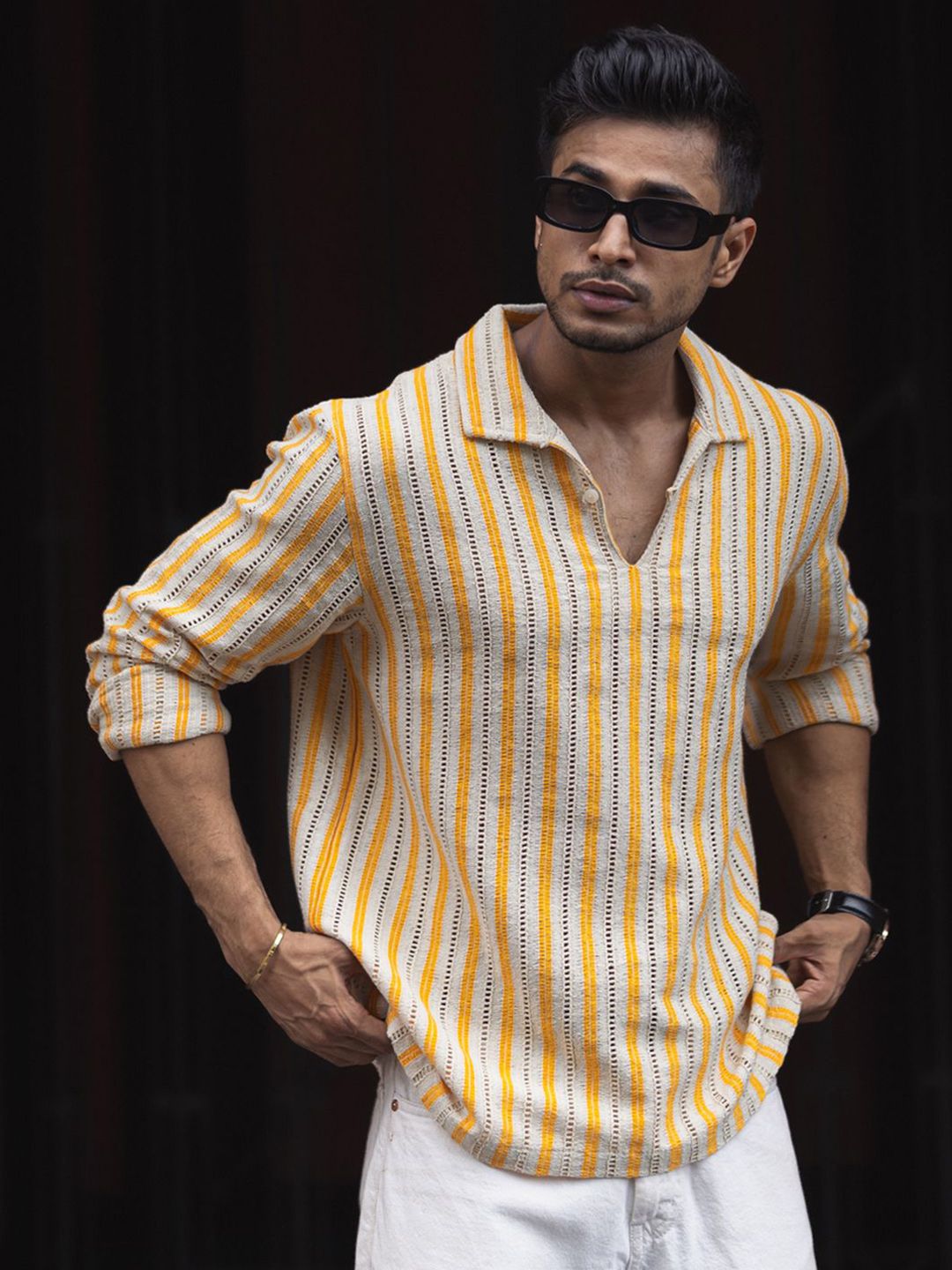 Powerlook Men Spread Collar Vertical Striped Casual Shirt